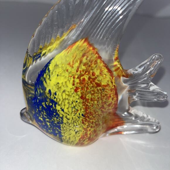 Murano Style Hand Blown Glass Angel Fish Paperweight Yellow, Blue, Orange - Picture 2 of 7